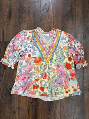 Fate Multicolor Floral Lace-Trim Peasant Top